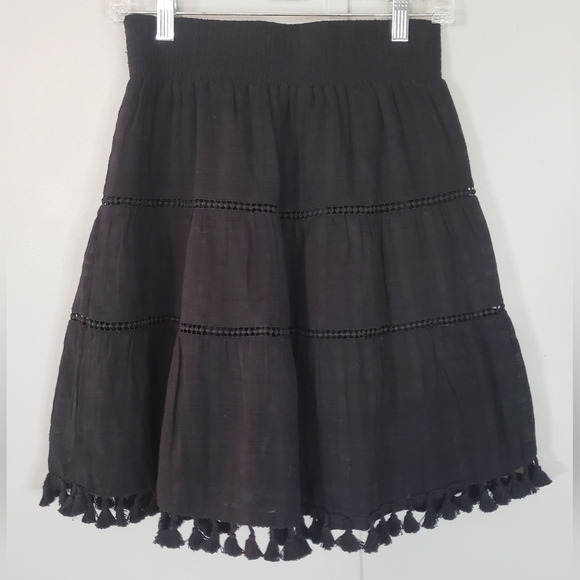 Loft Outlet Black Eyelet A-Line Tassel Hem Smock Waist Skirt - Picture 4 of 8